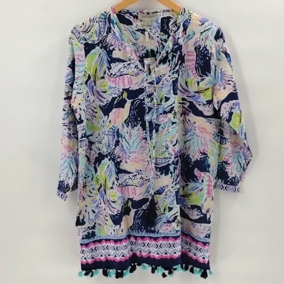 Charlie Paige blue tunic blouse top size small medium tassel elbow sleeve - Picture 1 of 6